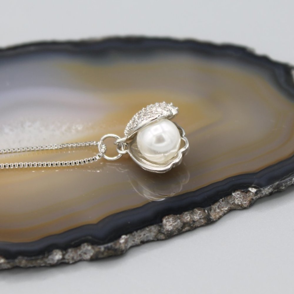 Jewelry necklace pendant shell beach white pearl 925 sterling silver with chain - Picture 4 of 8